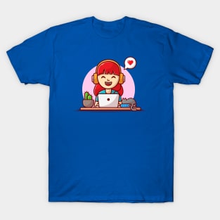 Happy Girl Listening Music with Headphone, Laptop, Cat on The Book and Plant Cartoon Vector Icon Illustration T-Shirt